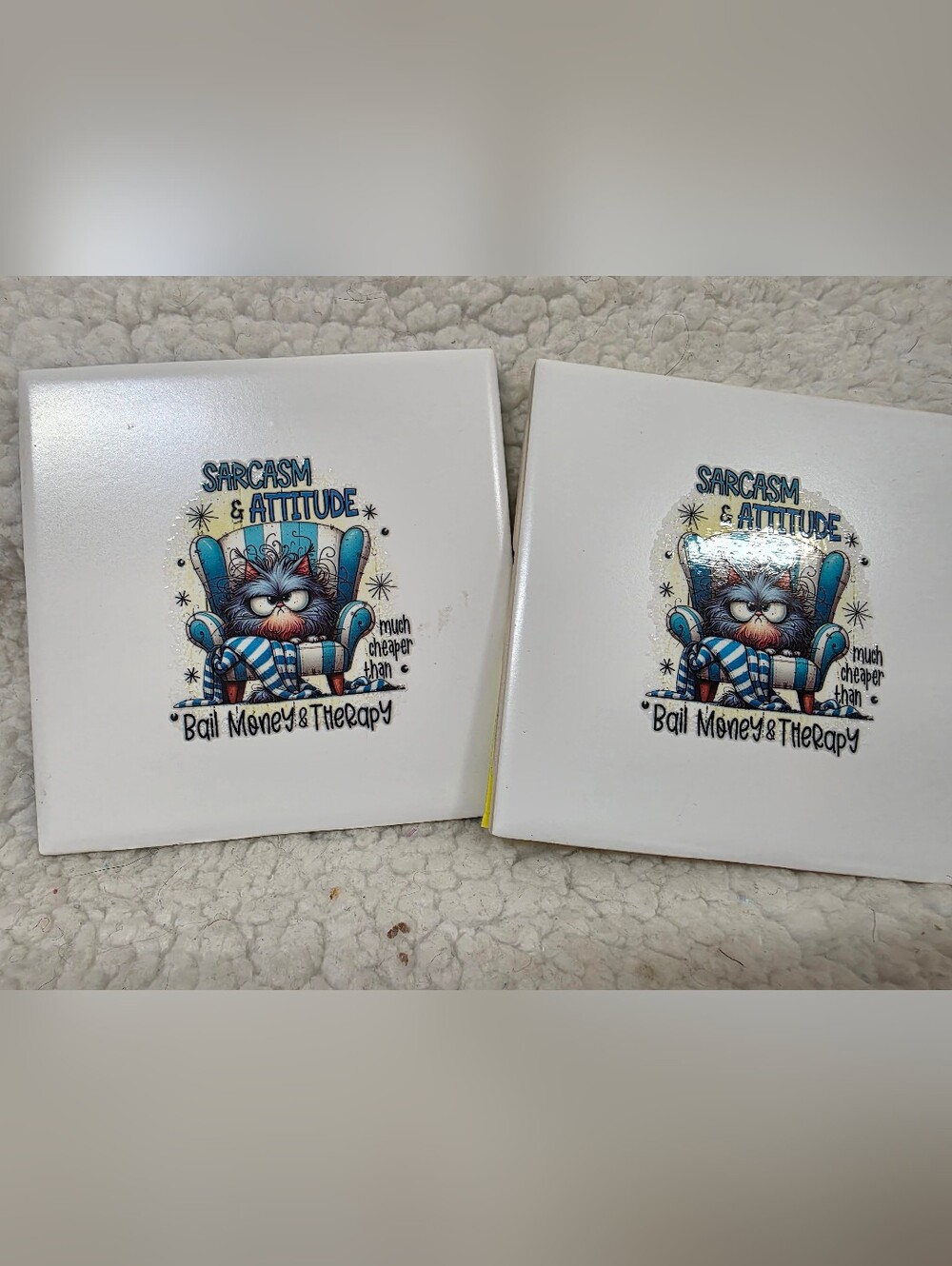 Set of 2 Sarcasm & Attitude Ceramic Cat Coasters